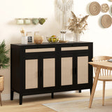 Buffet de cuisine, Table buffet bohème avec portes en rotin décoratif et tiroirs pour salle à manger
