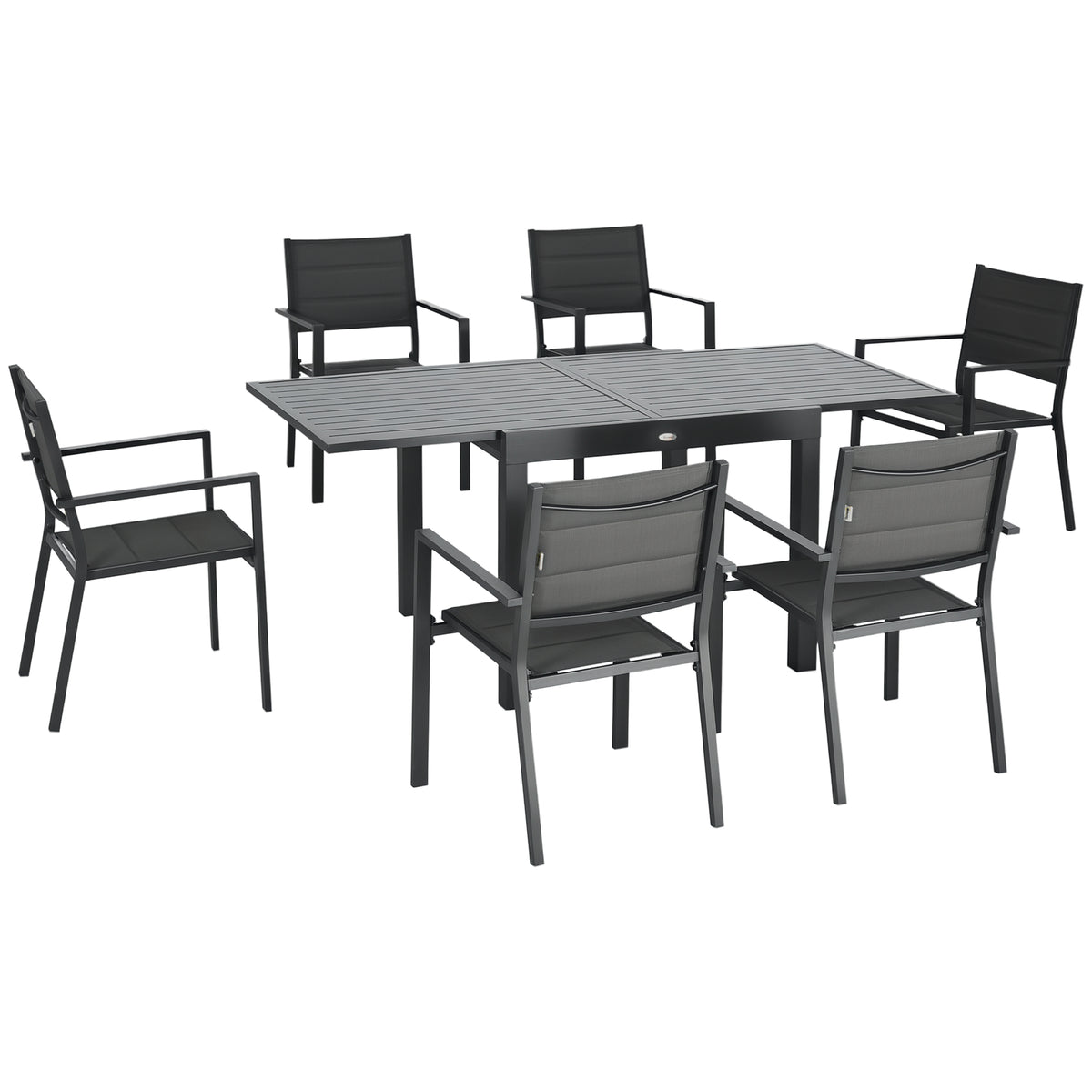 Patio Dining Set for 6, Aluminum Expandable Outdoor Table and 6 Stackable Chairs with Padded Back, Mesh Seat
