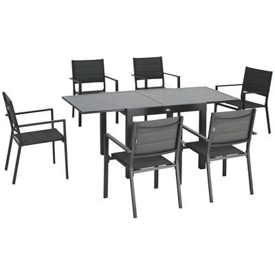 Patio Dining Set for 6, Aluminum Expandable Outdoor Table and 6 Stackable Chairs with Padded Back, Mesh Seat