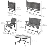 Outdoor 4 Pieces Patio Furniture Set, Garden Set with Two Foldable Armchairs, a Loveseat & Glass Top Table