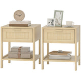 Narrow Nightstand with Rattan Elements, Bedside Table with Drawer and Storage Shelf for Bedroom