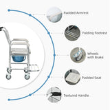3-in-1 Shower Commode Wheelchair, Transport Beside Commode Chair with Padded Seat for the Elderly