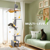 Arbre-tour à chat sol au plafond avec hauteur ajustable de 90,5 po à 108 po