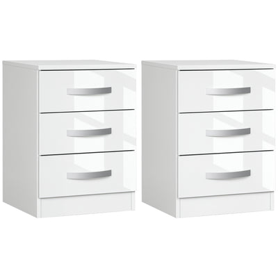 Modern Nightstand Set of 2, Bedside Tables with 3 High Gloss Drawers for Bedroom