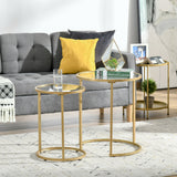 Lot de 2 tables basses gigognes à base métallique, table d'appoint ronde avec plateau en verre trempé pour salon