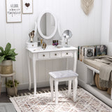 Wooden Vanity Table Set, Makeup Dressing Table with 360° Rotating, 5 Drawers and Padded Stool