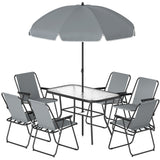 8 Piece Patio Table and Chairs Set with Folding Chairs, Tempered Glass Tabletop and Umbrella for Garden