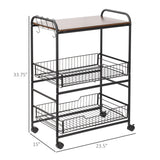 Rolling Kitchen Cart, 3-Tier Utility Storage Cart with 2 Basket Drawers & Side Hooks, Lockable Casters for Dining Room