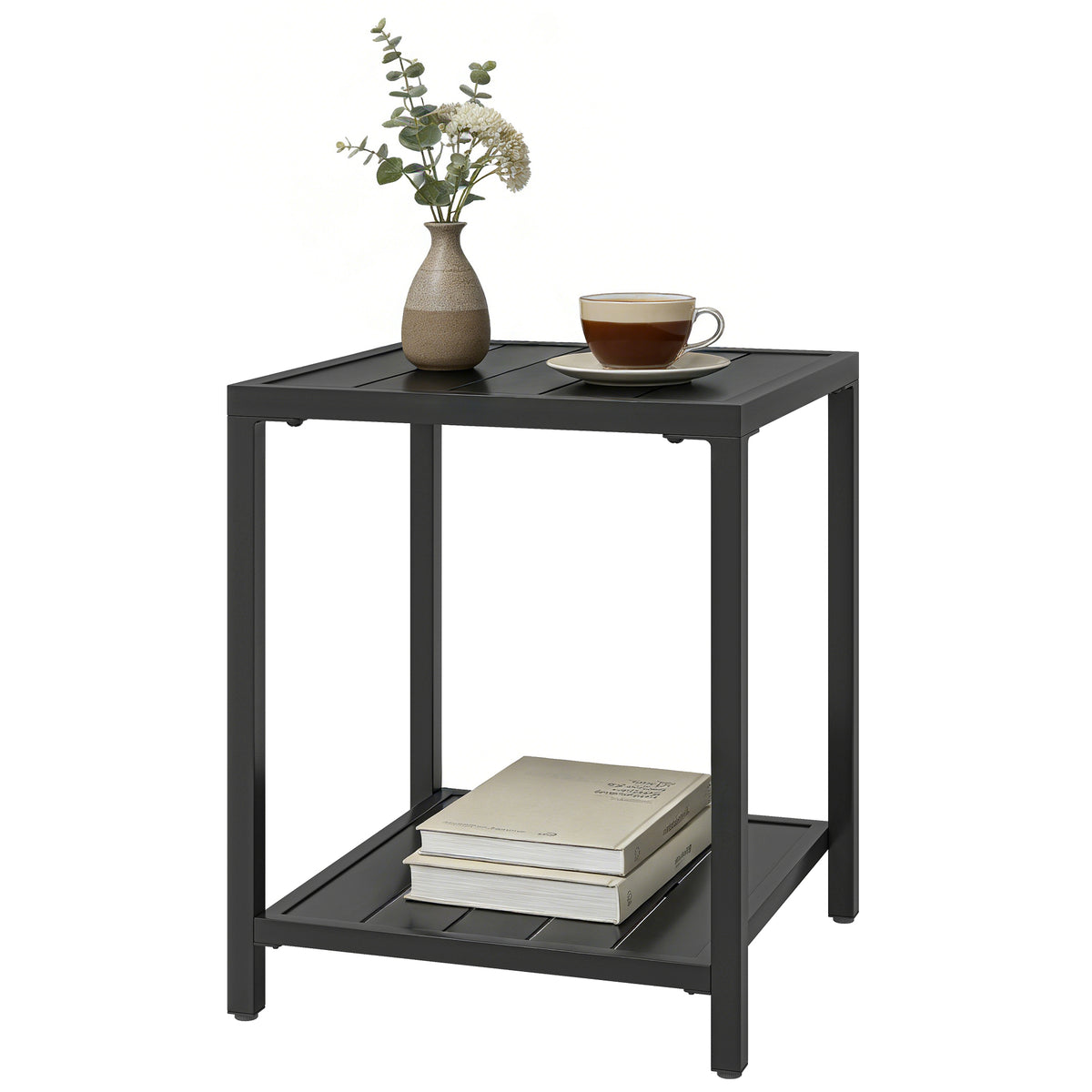 Outdoor Coffee Table 2-Tier Patio Coffee Table with Storage Shelf, Adjustable Feet for Garden Balcony Poolside