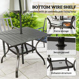 Outdoor Dining Table for 4, Shelf, Slatted Faux Wood Steel Top