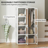 Portable Wardrobe, Foldable Plastic Closet with 5 Compartments, Hanging Rod and Magnetic Doors