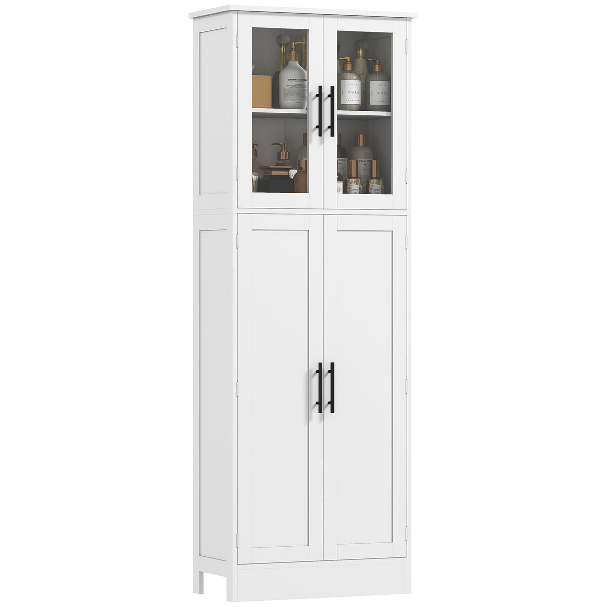 Armoire de salle de bain haute avec portes vitrées, unité économe d'espace avec tablettes ajustables, rangement autoportant