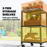Outdoor Grill Cart, Pizza Oven Stand with Stainless Steel Top, 3-Tier Rolling Kitchen Prep Station with Wheels