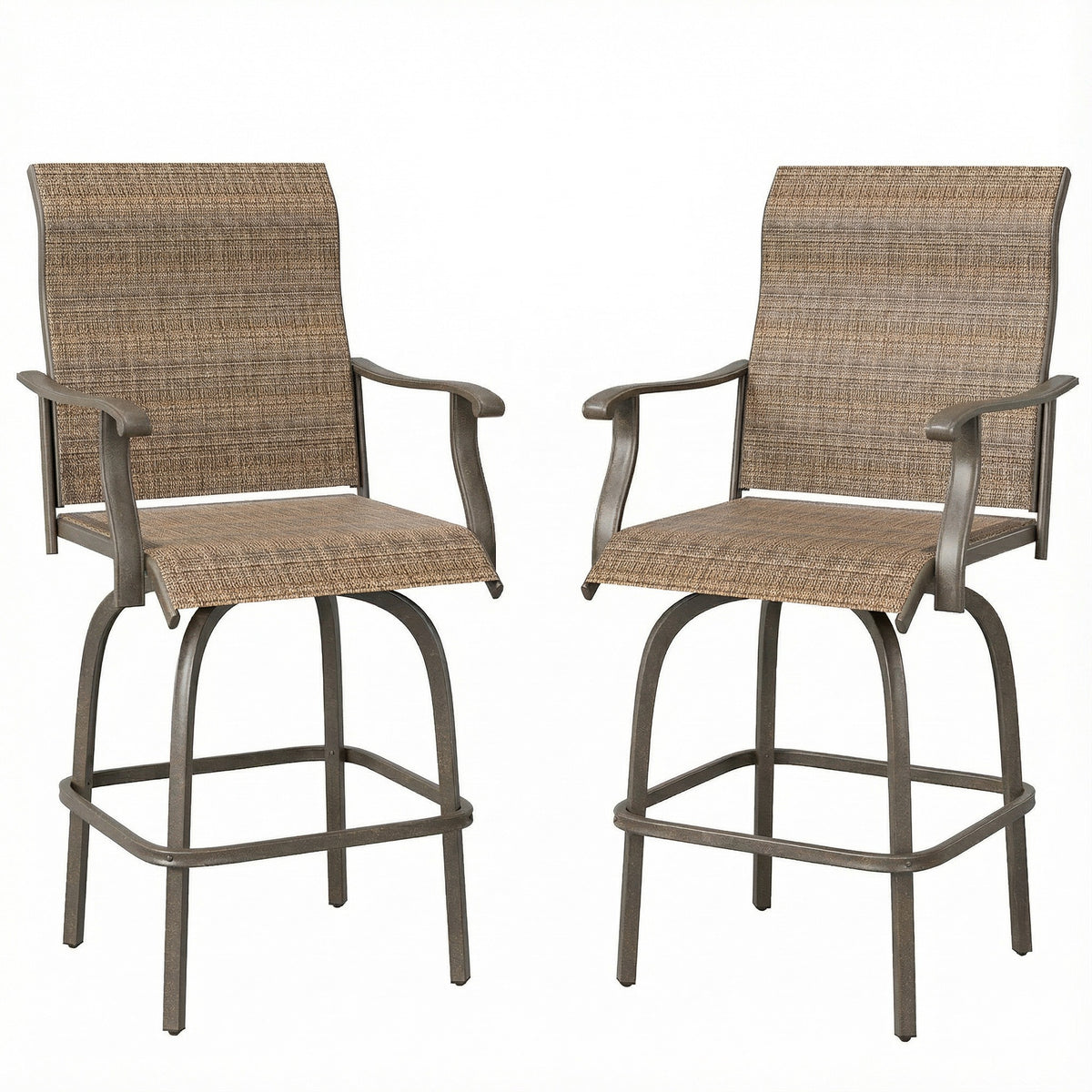 Ensemble de 2 tabourets de bar extérieurs, chaises pivotantes à hauteur de bar avec dossier haut, accoudoirs courbes et cadre en acier
