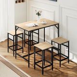 5 Pieces Industrial Rectangular Bar Table Set, Dining Table Set Breakfast Table with 4 Stools for Dining Room
