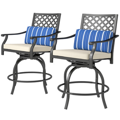 Outdoor Bar Stools Set of 2, Bar Height Swivel Patio Chairs with Cushion, Pillow Footrest for Poolside