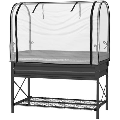 Raised Garden Bed with Cover, Metal Elevated Planter Box with Bottom Shelf and Liner