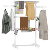 3-Tier Foldable Clothes Drying Rack, Stainless Steel Laundry Rack with 2 Side Wings and 6 Castors, Collapsible Adjustable Clothes Airer for Indoor Outdoor
