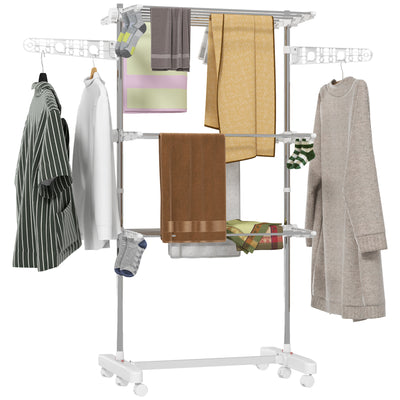 3-Tier Foldable Clothes Drying Rack, Stainless Steel Laundry Rack with 2 Side Wings and 6 Castors, Collapsible Adjustable Clothes Airer for Indoor Outdoor