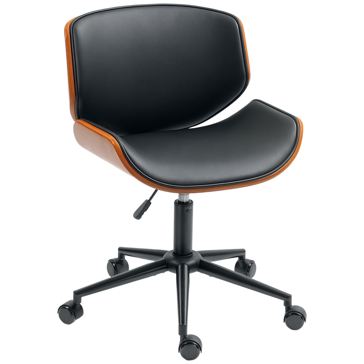 Mid-Century Modern Office Chair No Arms with Wheels, Small Computer Desk Chair with PU Leather Upholstery