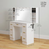 Makeup Vanity Desk with Mirror and Lights, Dressing Table with 7 Drawers, 6 Hidden Sliding Storage Compartments