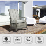 Chaise à bascule en rotin extérieur avec coussin, fauteuil inclinable PE en rotin pour patio avec repose-pieds ajustable