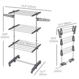 3-Tier Foldable Clothes Drying Rack, Stainless Steel Laundry Rack with 2 Side Wings and 6 Castors, Collapsible Adjustable Clothes Airer for Indoor Outdoor