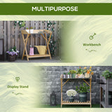 Garden Potting Bench Table, Wooden Work Station, Outdoor Planting Workbench w/ Galvanized Metal Tabletop and Storage Shelf