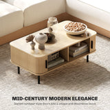 Coffee Table with Storage, Nordic Side Table with Fluted Tambour Sliding Doors and Steel Legs for Living Room