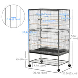 52'' Large Rolling Steel Bird Cage Bird House with Rolling Stand, Storage Shelf, Wood Perch
