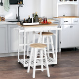 Kitchen Trolley 3 Piece Kitchen Cart Set Drop Leaf Breakfast Table and 2 Stools w/ Rolling Wheels & Towel Bars, Wood &