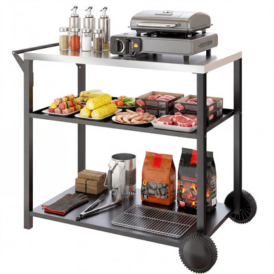 Outdoor Grill Cart with Stainless Steel Top, Three-Tier Pizza Oven Stand, BBQ Cart on Wheels
