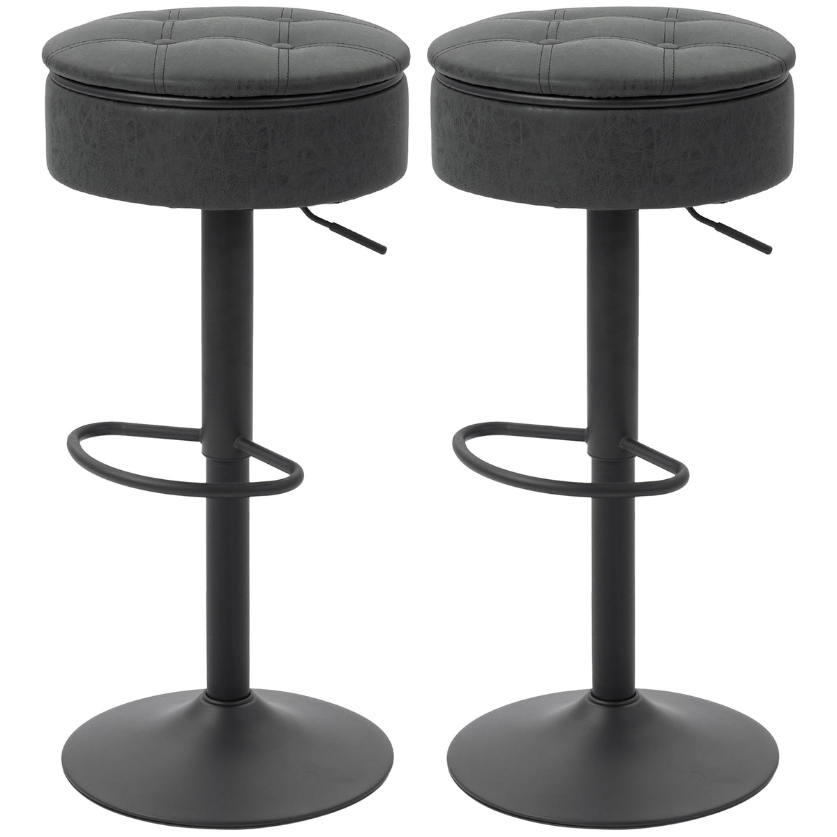 Set of 2 Barstools with Storage, Swivel Bar Stools with PU Leather Upholstered, Footrest, Steel Base