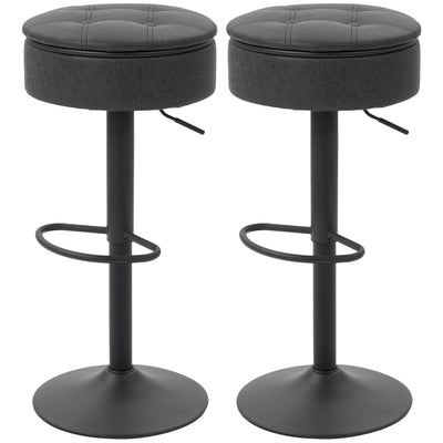 Set of 2 Barstools with Storage, Swivel Bar Stools with PU Leather Upholstered, Footrest, Steel Base