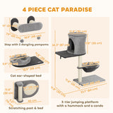 4Pcs Cat Wall Shelves with Scratching Post & Pad, Bed, Hanging Pompoms
