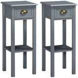 2 Tier Side Table, Narrow Tall End Table with Drawer and Shelf, Slim Wooden Nightstand for Living Room