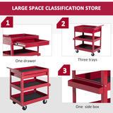 3-Tier Rolling Tool Cart with Drawer and Side Box, 132 LBS Capacity Steel Utility Cart, Mobile Service Tool Organizer for Garage