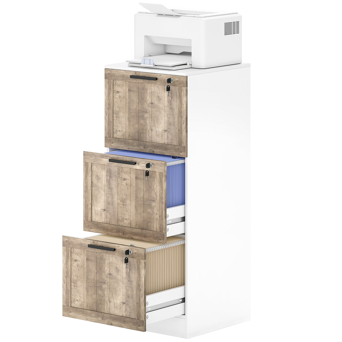 3 Drawer Filing Cabinet, Farmhouse File Cabinet with Lock, Adjustable Hanging Rails for A4 Letter Size Files