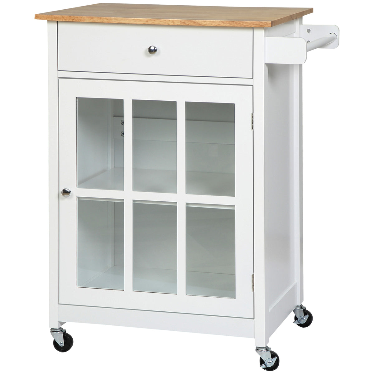 Rolling Kitchen Cart with Drawer and Glass Door Cabinet, Kitchen Island on Wheels with Towel Rack