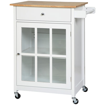 Rolling Kitchen Cart with Drawer and Glass Door Cabinet, Kitchen Island on Wheels with Towel Rack