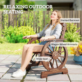 Wood Outdoor Patio Chair, Lounge Chair with Wagon Wheel Armrests, Slatted Wide Seat