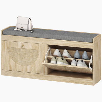 Shoe Bench with Flip Doors, Seat Cushion, Adjustable Shelves for 8 Pairs