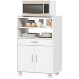 Microwave Cart with Wheels, Microwave Stand with Worktop, Open Shelves and Drawer, Storage Cabinet
