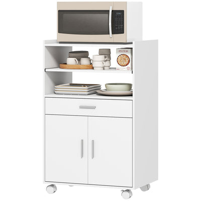 Microwave Cart with Wheels, Microwave Stand with Worktop, Open Shelves and Drawer, Storage Cabinet