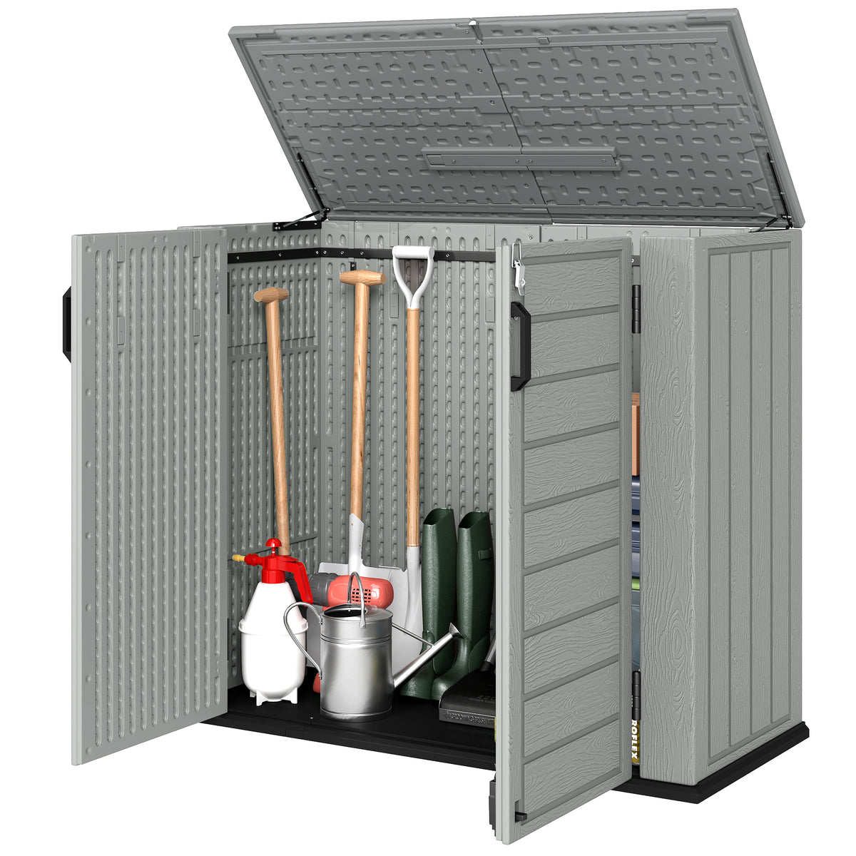 Abri de rangement extérieur en plastique 33 pi³, armoire de rangement avec coffre à outils, portes doubles verrouillables et couvercle basculant