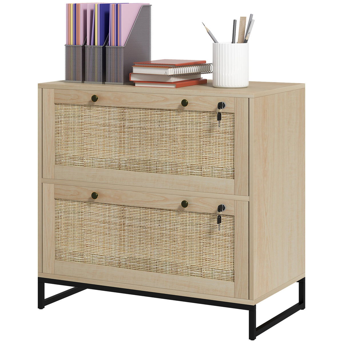 2-Drawer Filing Cabinet with Lock, Rattan File Cabinet with Adjustable Hanging Bar