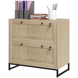 2-Drawer Filing Cabinet with Lock, Rattan File Cabinet with Adjustable Hanging Bar