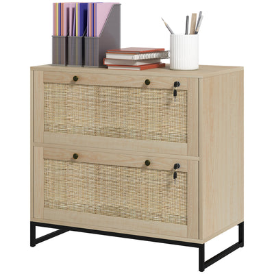 2-Drawer Filing Cabinet with Lock, Rattan File Cabinet with Adjustable Hanging Bar