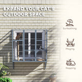 Wooden Catio Outdoor, Cat Window Box Enclosure for 2-3 Large Cats with 2 Jumping Platforms & Scratching Post