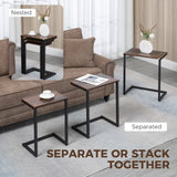 Nesting Coffee Table Set of 3, Stackable Rectangular End Tables with Wood-Effect Top, Metal Frame, Industrial & Rustic C-Shaped for Small Space